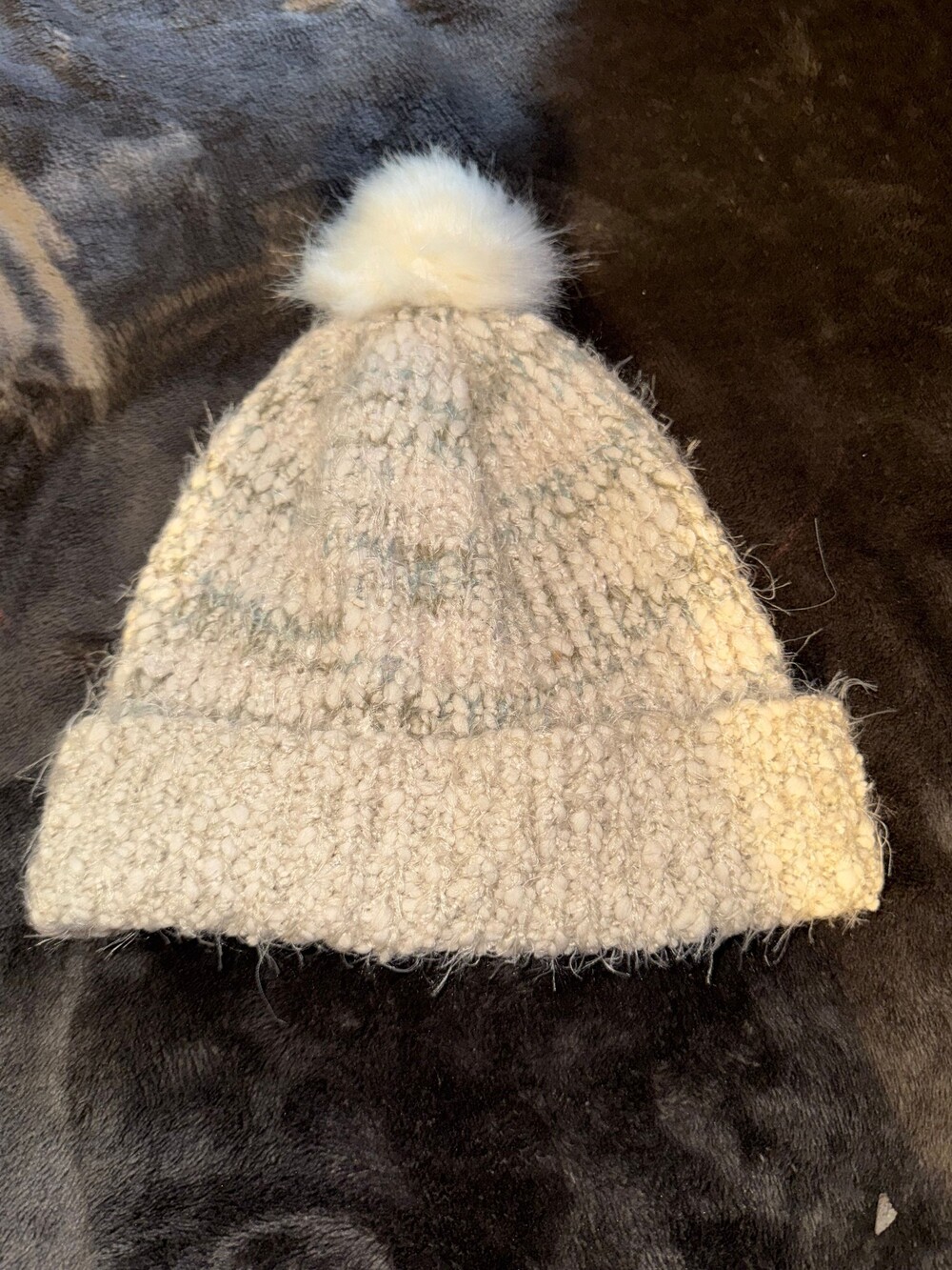 Cream One Size Beanie with White Pom Pom Knit Winter Hat